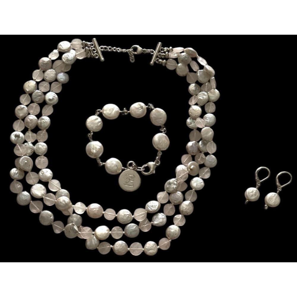 Triple Strand Ivory Coin Pearl Pink Quartz Necklace Bracelet Earrings Sterling